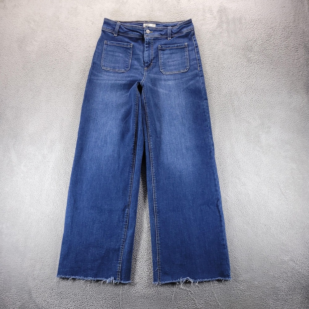 OAT New York Jeans Womens 8 Blue High Rise Wide Leg Raw Hem Stretch Denim